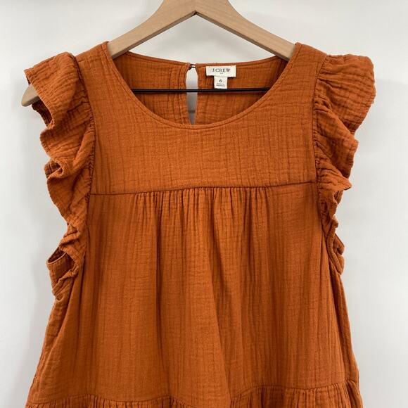 J Crew Tiered Smocked Cotton Gauze Mini Dress Flutter Sleeve Burnt Orange 6 - Picture 3 of 8